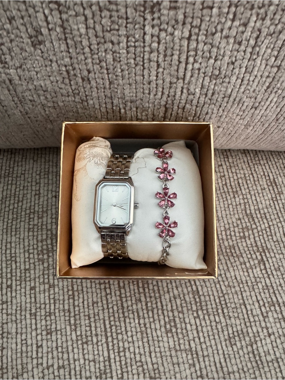 Silver Women's Bracelet Watch with Pink Crystal Flower Bracelet